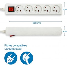 Multiprise 5 prises 2P+T avec interrupteurs individuels 16A - Câble 1,4m