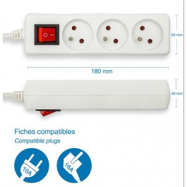 Bloc multiprise - Design - Dhome - 3 x 2P+T - 16 A - Câble 3G1 mm² - L. 1 m  - Avec interrupteur - Fiche plate